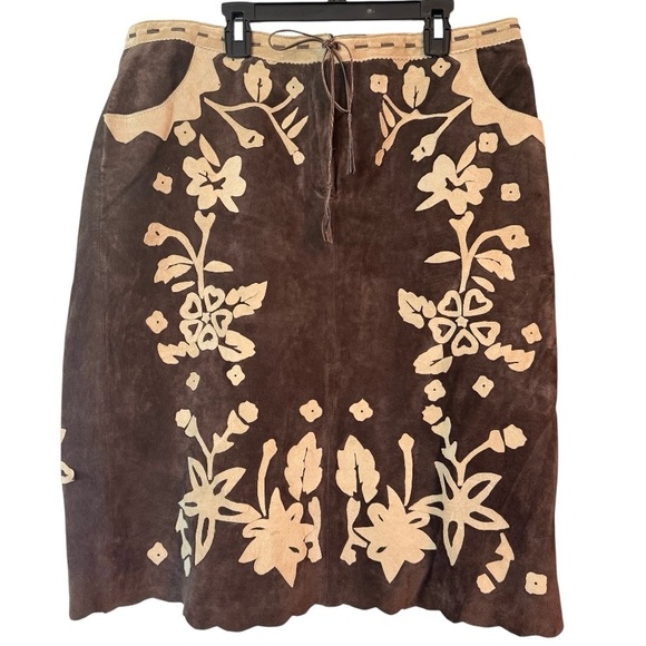 VINTAGE IN SUEDE Chocolate Brown Leather Appliqué Skirt Size 14 - Picture 1 of 6